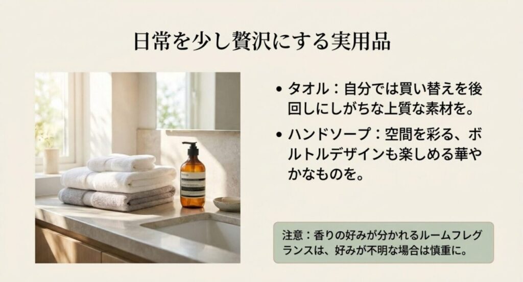 タオルやハンドソープなど日常を少し贅沢にする実用品と香りの好みへの注意点を示したスライド