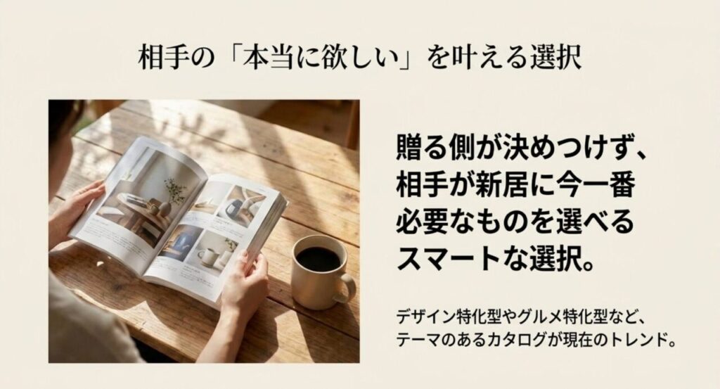 贈る側が決めつけず相手が新居に必要なものを自由に選べるカタログギフトのメリットを示したスライド