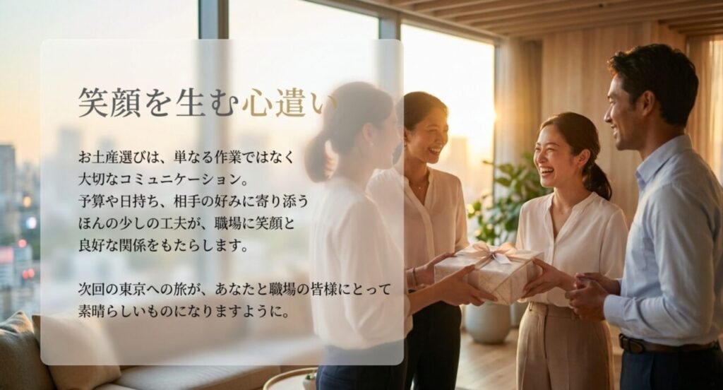 笑顔を生む心遣いとして、お土産選びが大切なコミュニケーションであることを解説