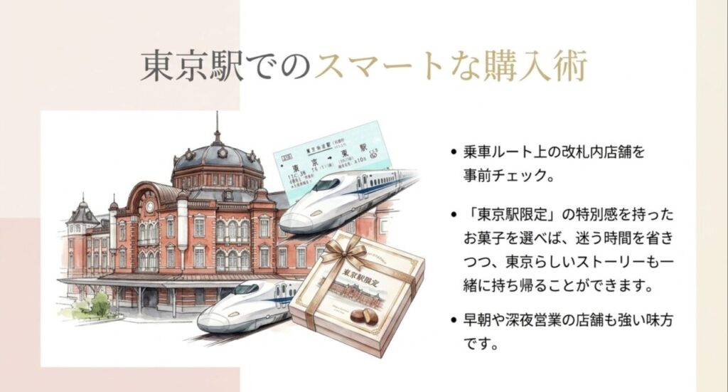 東京駅でのスマートな購入術として、乗車ルート上の店舗や東京駅限定商品の選び方を解説
