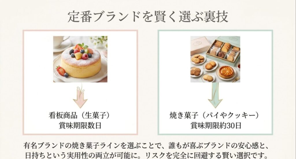 定番ブランドを賢く選ぶ裏技として、賞味期限が短い生菓子から約30日持つ焼き菓子への変更を提案