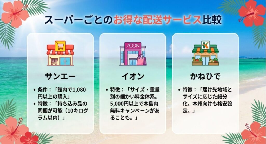 サンエー、イオン、かねひでの配送サービスと比較