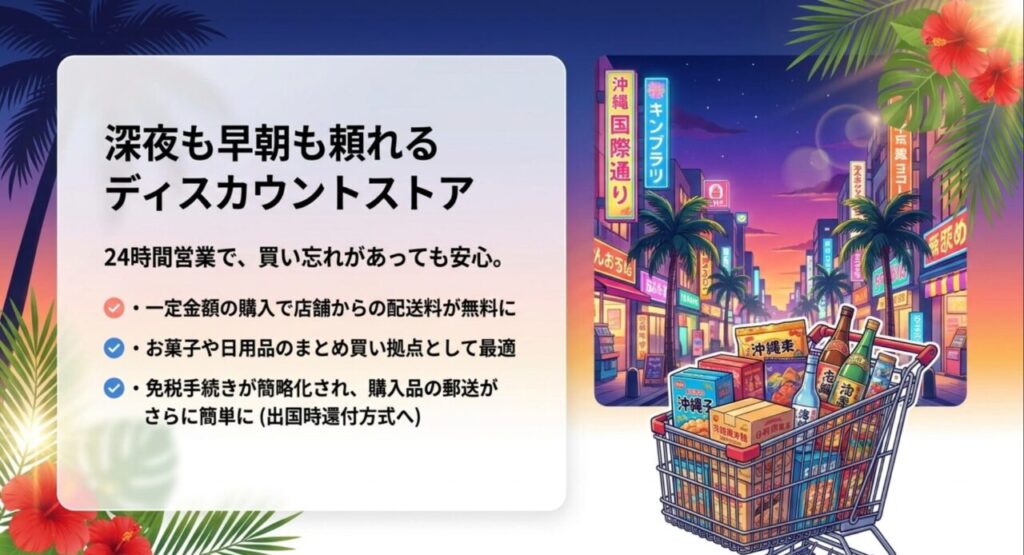 24時間営業のドン・キホーテの一定金額購入による無料配送と免税