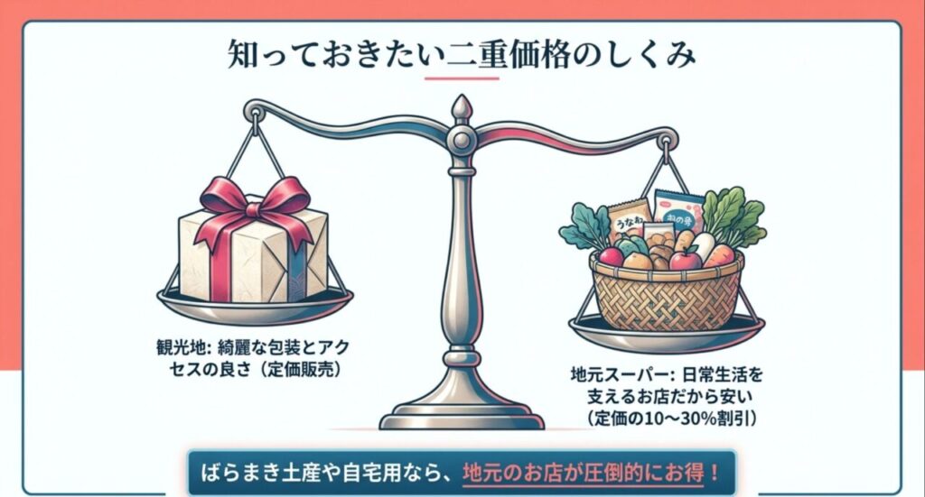 観光地価格と地元スーパー価格の二重価格のしくみを解説した図解