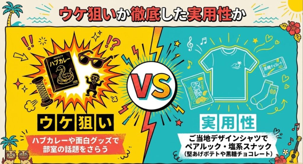 ハブカレーなどのウケ狙いかご当地デザインシャツなどの徹底した実用性か