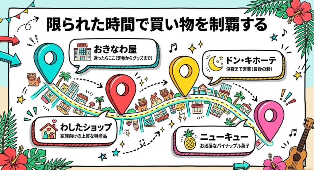 おきなわ屋やドン・キホーテなど限られた時間で買い物を制覇するマップ
