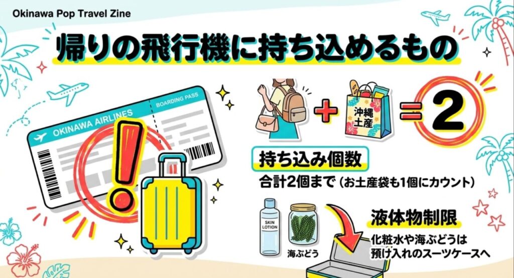 持ち込み個数合計2個までや液体物制限など帰りの飛行機に持ち込めるもの