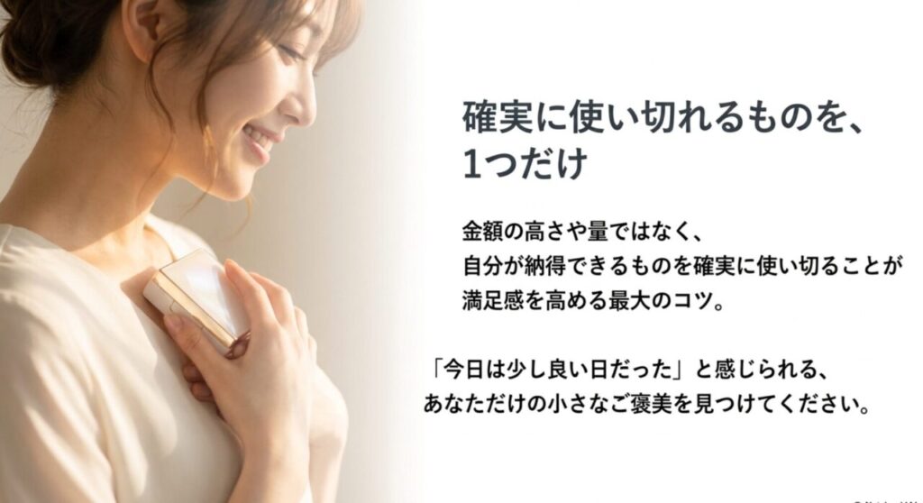 自分へのご褒美は、確実に使い切れるものを1つだけ選ぶことが大切というメッセージ