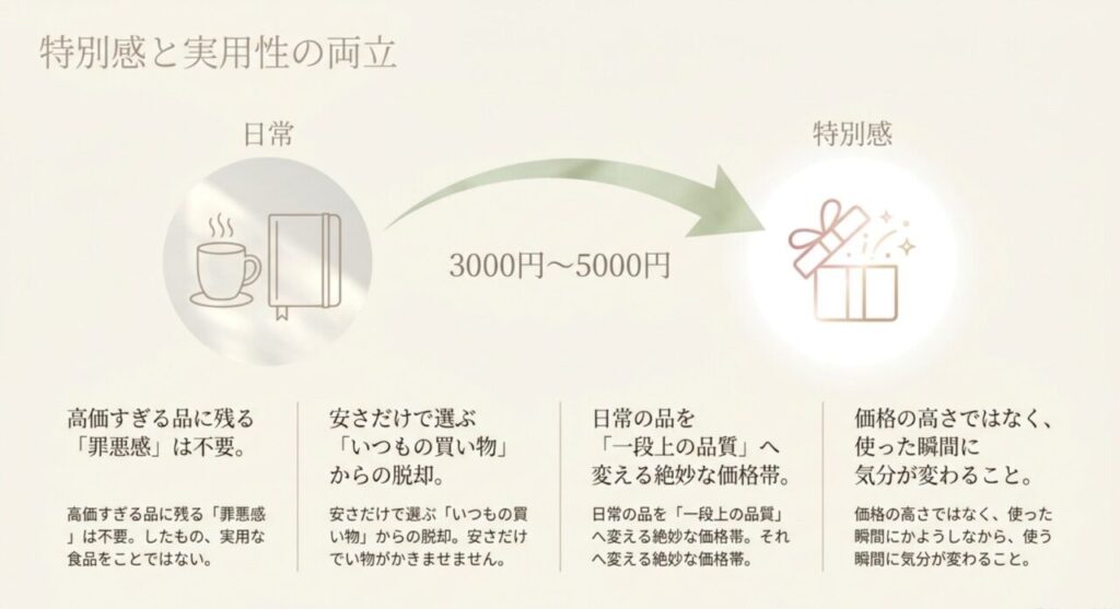 日常の品を3000円から5000円で一段上の品質へ変え、特別感と実用性を両立する考え方