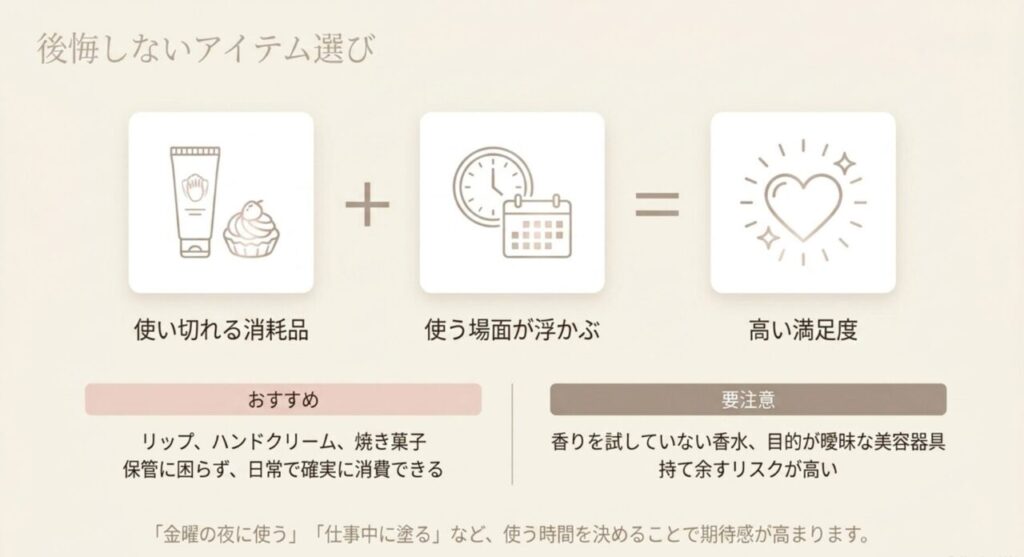 使い切れる消耗品と使う場面を組み合わせると満足度が高まることを示す選び方の図