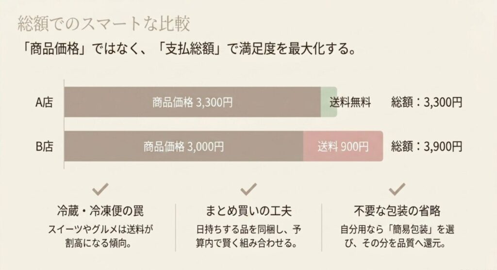 商品価格3300円で送料無料の店と商品価格3000円に送料900円がかかる店の支払総額比較