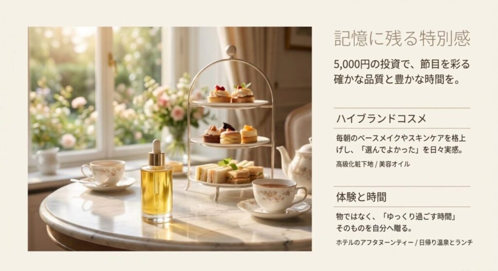 5000円の自分へのご褒美としてハイブランドコスメ、アフタヌーンティー、日帰り温泉を示すスライド
