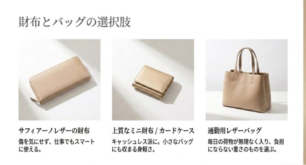 サフィアーノレザーの財布、ミニ財布、カードケース、通勤用レザーバッグを示したスライド