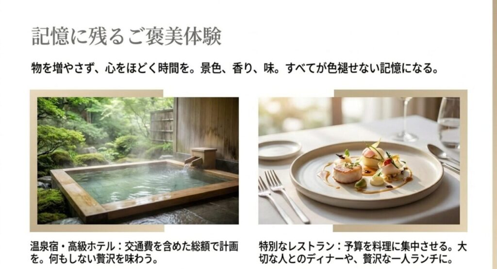 交通費を含めて計画する温泉宿や高級ホテルと特別なレストランの体験を示したスライド