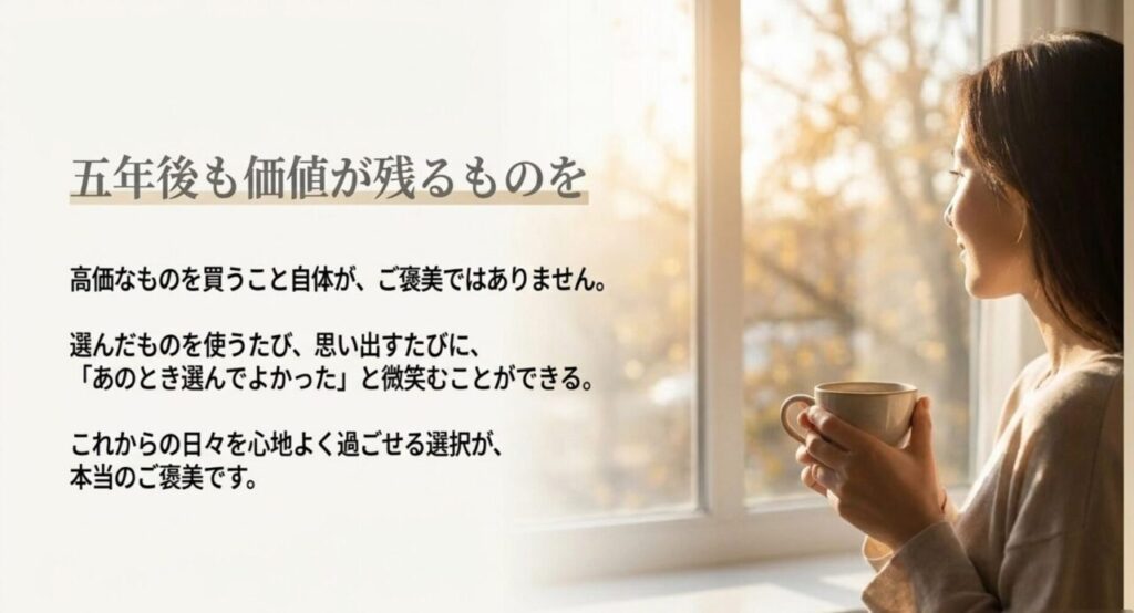 選んだものを使うたび思い出すたびに選んでよかったと思えるご褒美を示したスライド
