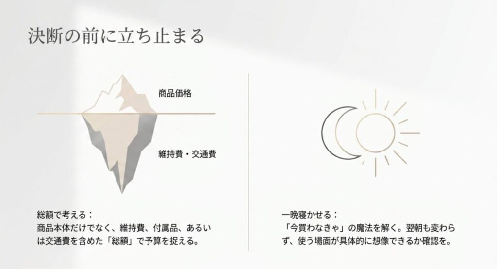 商品価格だけでなく維持費や交通費を含む総額と一晩寝かせる判断方法を示したスライド