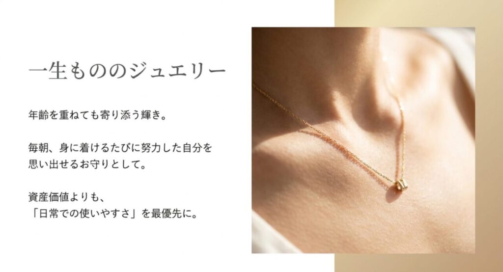 毎日身に着けやすく努力した自分を思い出せる一生ものジュエリーの魅力を示したスライド