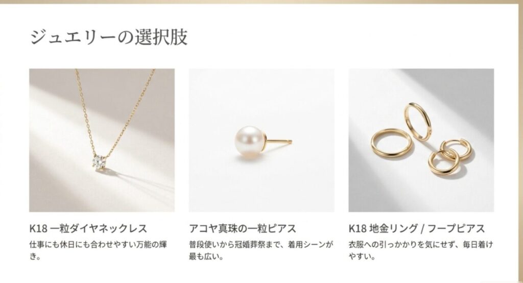 K18一粒ダイヤネックレス、アコヤ真珠ピアス、K18リングやフープピアスを紹介するスライド
