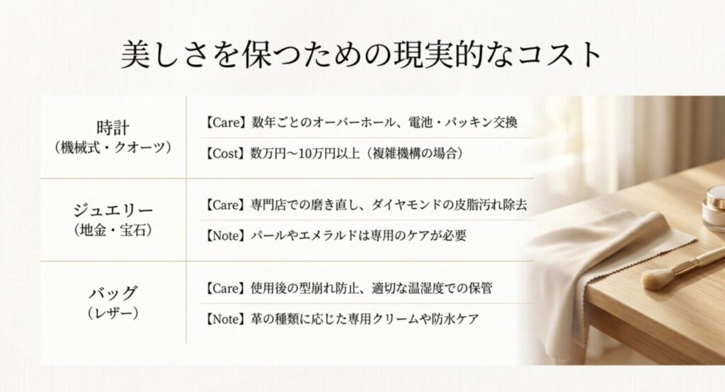 高級時計のオーバーホール、ジュエリーのケア、レザーバッグの保管など長く使うための維持費と手入れ