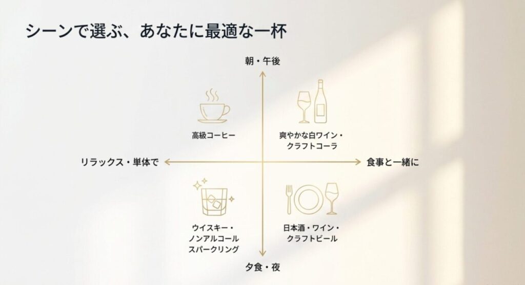 朝と午後、夕食と夜、単体と食事の軸で飲み物を選ぶ図