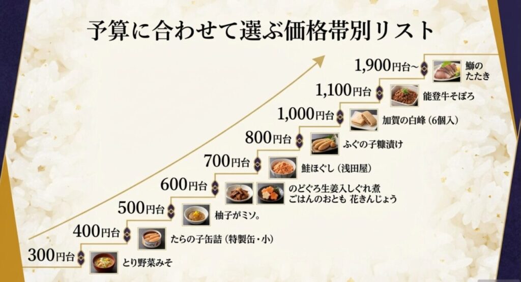 300円台から1900円台まで、予算に合わせて選べる金沢のご飯のお供の価格帯別リスト