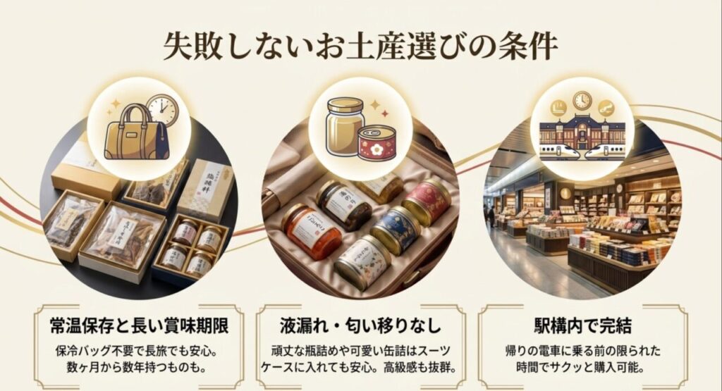 常温保存可能で長い賞味期限、液漏れしないパッケージ、駅構内で買える手軽さなど、失敗しないお土産選びの条件