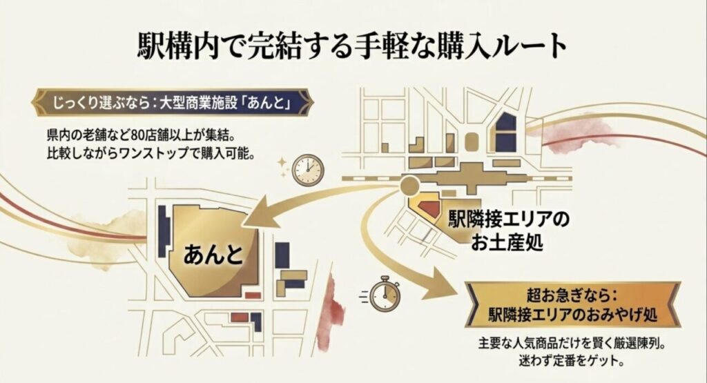 金沢駅構内の「あんと」や「おみやげ処」を利用した、ワンストップで手軽なお土産購入ルートの紹介