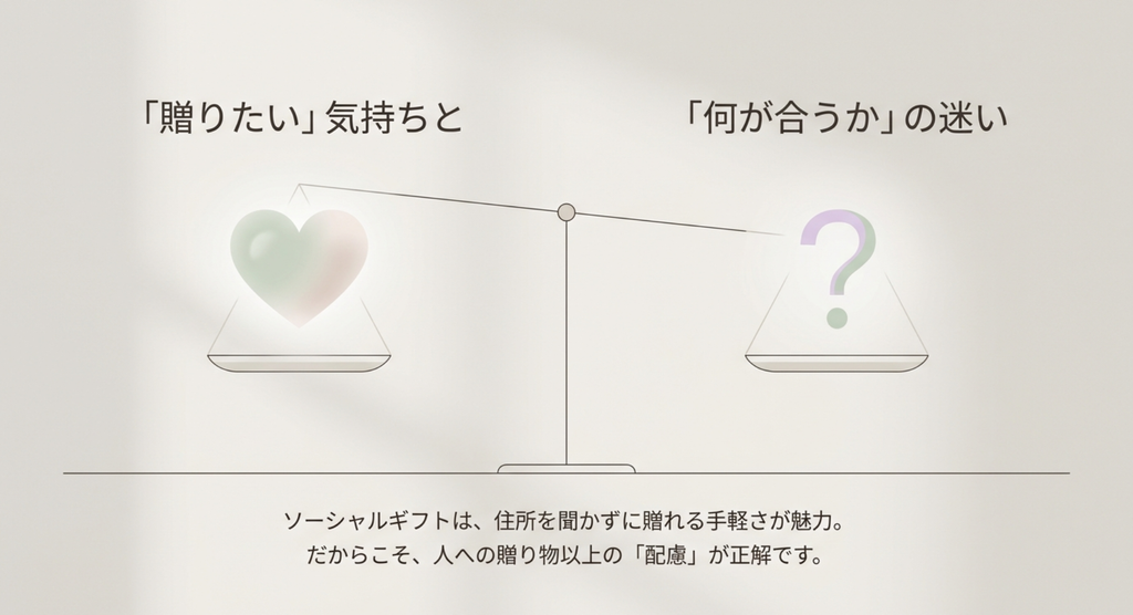 贈りたい気持ちと何がペットに合うかという迷いを天秤で表したソーシャルギフトの考え方