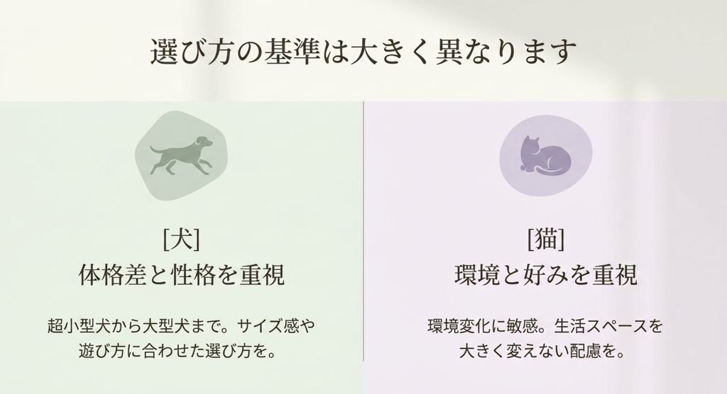 犬は体格差と性格、猫は環境と好みを重視するというギフト選びの違い