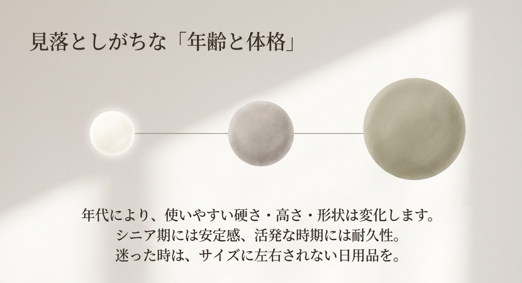 ペットの年代や体格によって使いやすい硬さや高さや形状が変わることを示した図