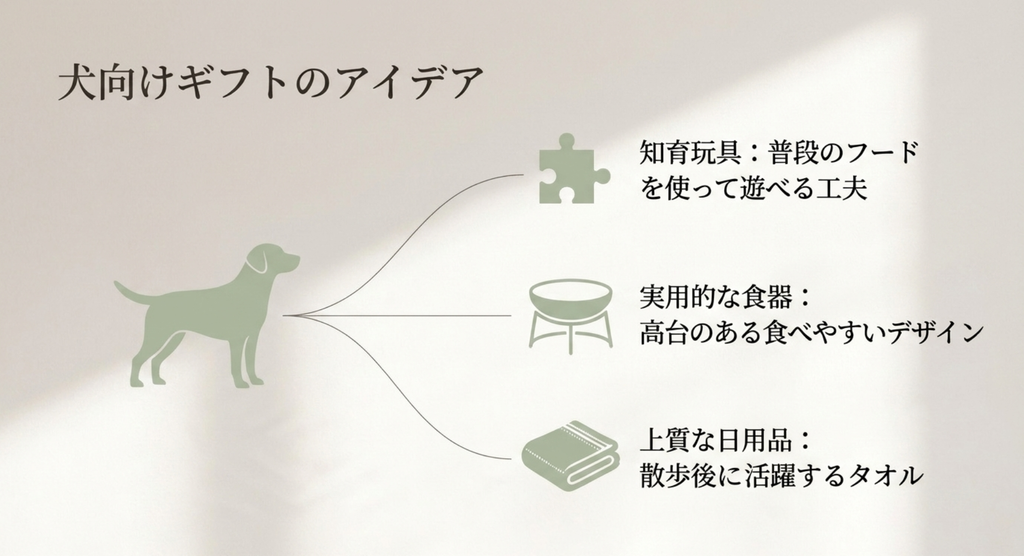 犬向けギフトとして知育玩具や高さのある食器や上質なタオルを紹介する図