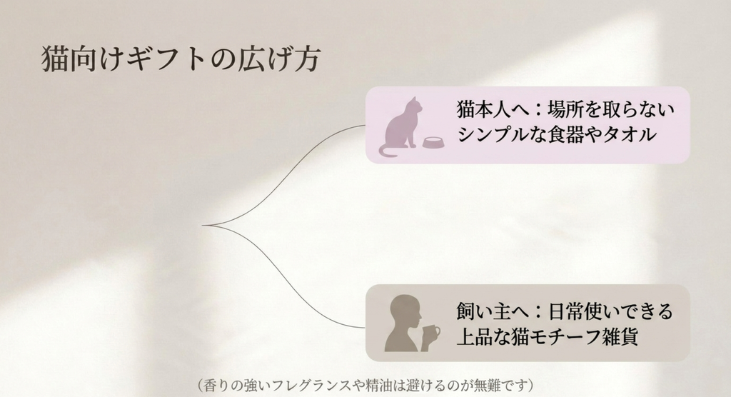 猫本人には場所を取りにくい食器やタオル、飼い主には日常使いできる猫モチーフ雑貨を提案する図