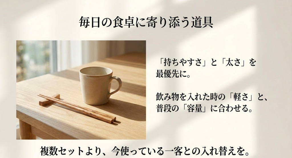 持ちやすい箸と軽く普段の容量に合うマグカップを選ぶポイント