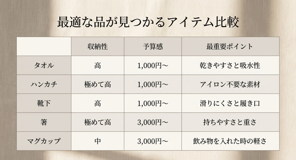 タオル・ハンカチ・靴下・箸・マグカップの収納性や予算と選び方を比較