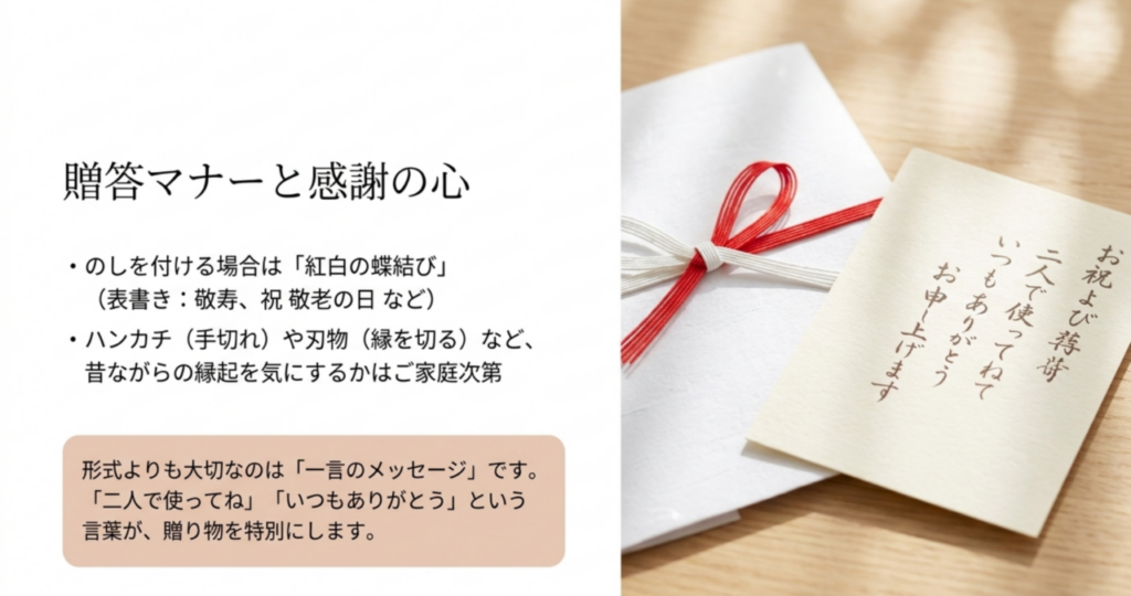 紅白の蝶結びののしとメッセージカードを背景に、敬老の日の贈答マナーと感謝の気持ちを添える大切さを示したスライド