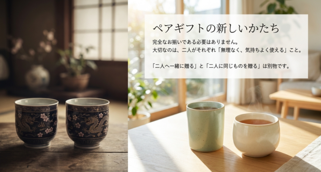 同じ柄の湯呑みと色違いの湯呑みを対比し、完全なお揃いより二人それぞれの使いやすさを大切にする考え方を示したスライド