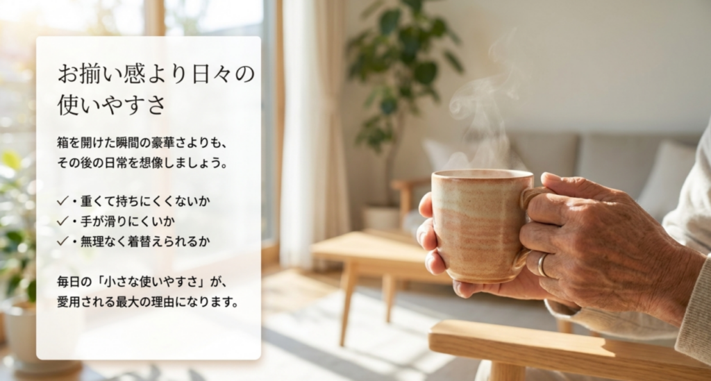 湯呑みを持つ高齢者の手と、重さや持ちやすさ、手入れのしやすさなど日常で使いやすいギフトの条件を示したスライド