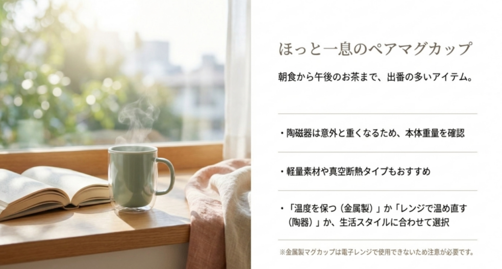 窓辺のマグカップを背景に、本体重量や軽量素材、真空断熱タイプ、電子レンジ使用の違いなどペアマグカップの選び方を示したスライド