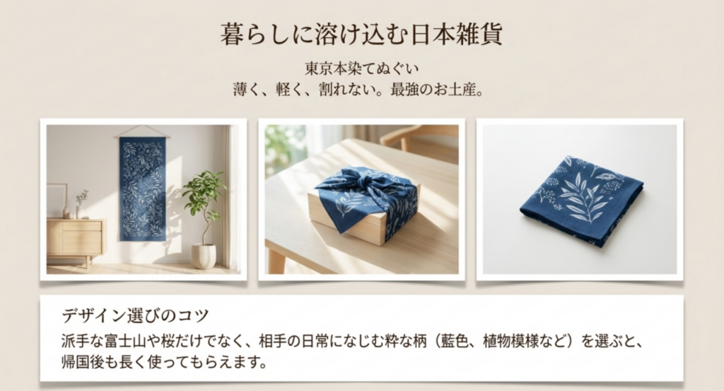 薄く軽く割れない東京本染てぬぐいと日常になじむ柄選びを紹介するスライド