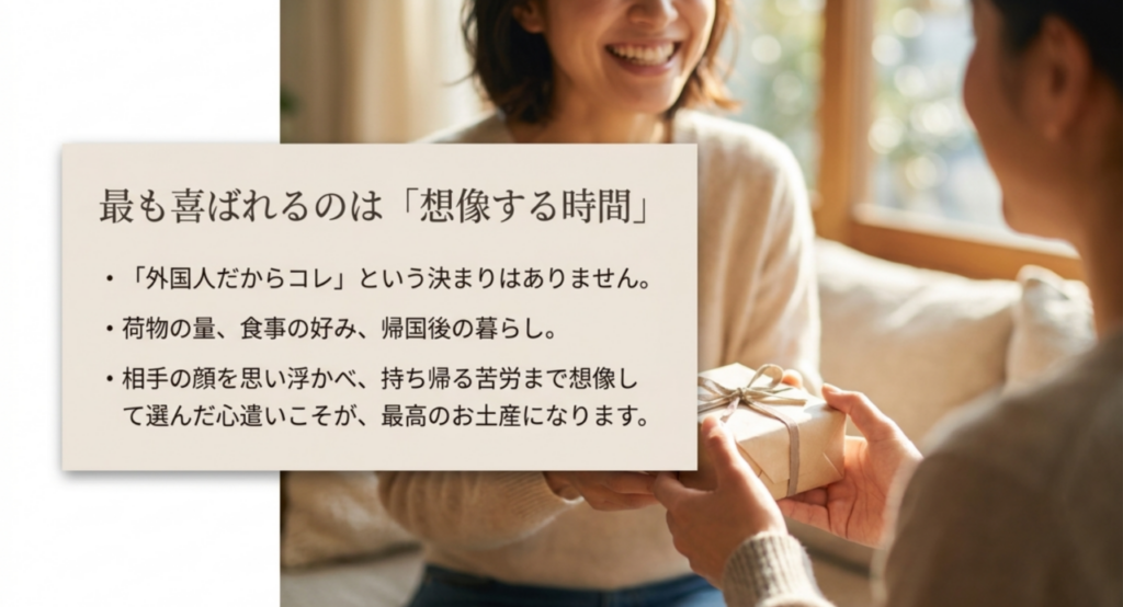 外国人だからと決めつけず荷物量や好み、帰国後の暮らしを想像して東京土産を選ぶスライド