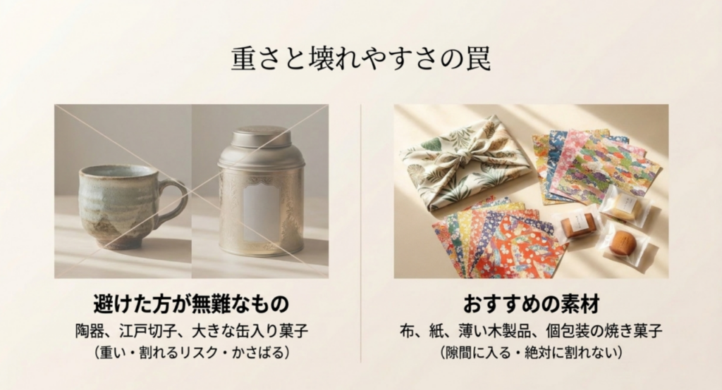 陶器などを避け布・紙・薄い木製品・個包装菓子を選ぶ軽い東京土産の比較