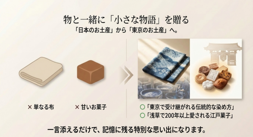 東京本染や雷おこしなど東京や江戸の背景を一言添えて贈る考え方