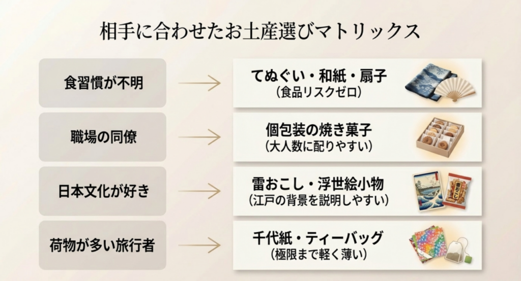 食習慣や職場、日本文化への関心、荷物量に合わせた東京土産の選び方
