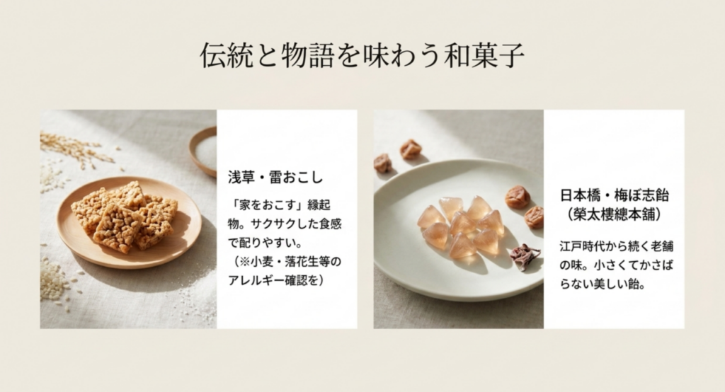 外国人に渡しやすい東京の伝統菓子として雷おこしと梅ぼ志飴を紹介するスライド