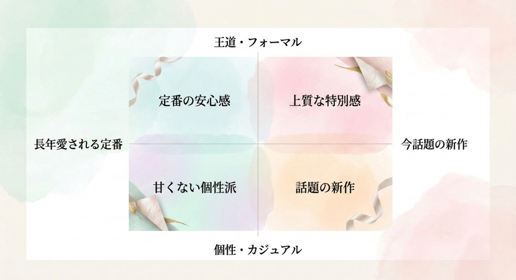 東京お土産のお菓子を定番の安心感、話題の新作、上質な特別感、甘くない個性派に分けた図