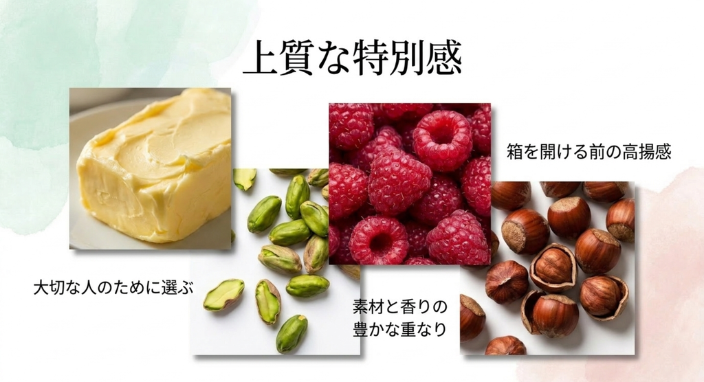 バター、ピスタチオ、木苺、ヘーゼルナッツなど素材と香りを重ねた上質な東京土産を表すスライド
