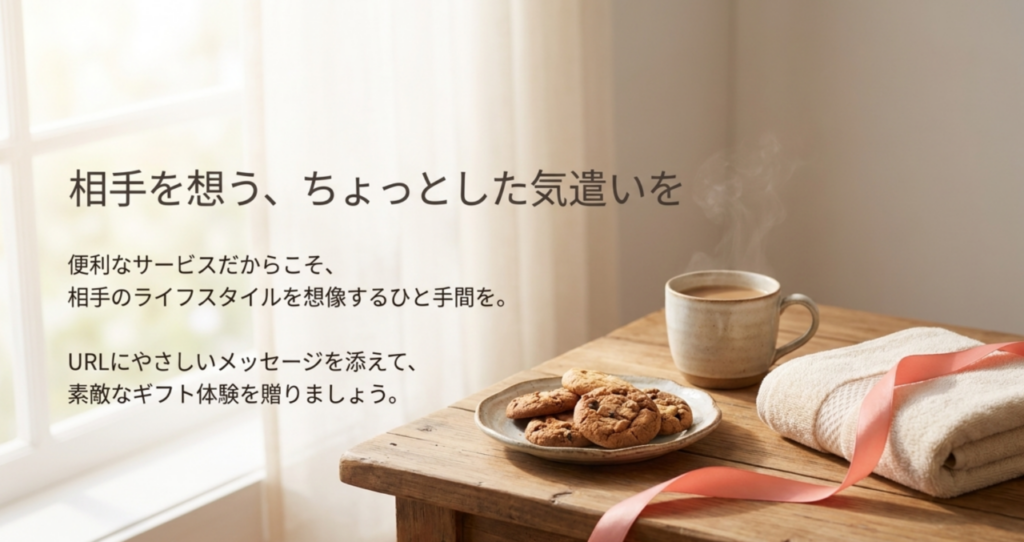 相手のライフスタイルを想像し、受取用URLにやさしいメッセージを添えてギフトを贈る大切さをまとめたスライド