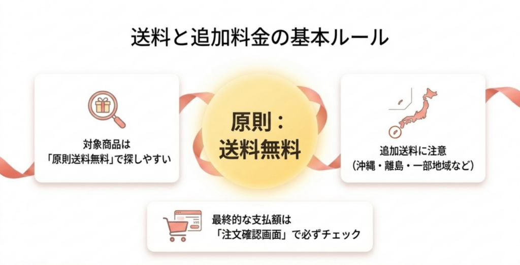 楽天ソーシャルギフトは対象商品が原則送料無料で、沖縄・離島・一部地域の追加送料や海外配送不可に注意することを示した図