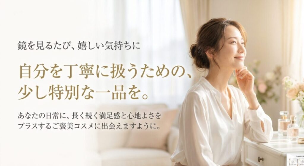 鏡を見る女性と自分を丁寧に扱うための少し特別な一品というメッセージを描いたまとめスライド