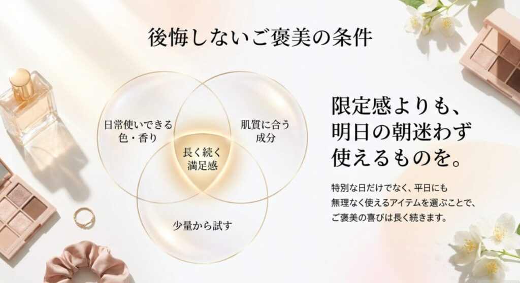 日常使いできる色と香り、肌質に合う成分、少量から試すことを示したご褒美コスメ選びの図